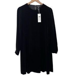 EILEEN FISHER CREW NECK VELVET DRESS KNEE-LENGTH SILK BLACK XXS $348 NEW